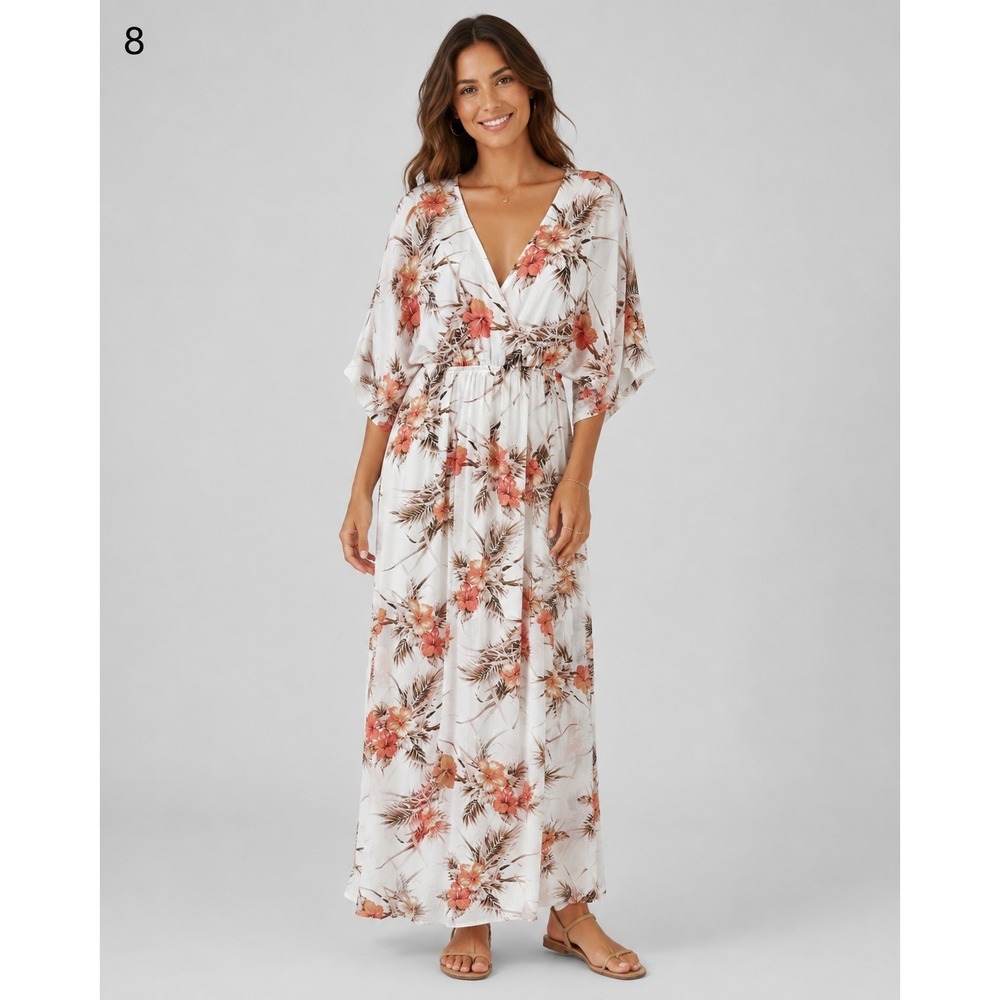 Baltic Born Maxi Dress Womens Small White Pink Tropical Flower‎ Print Resortwear